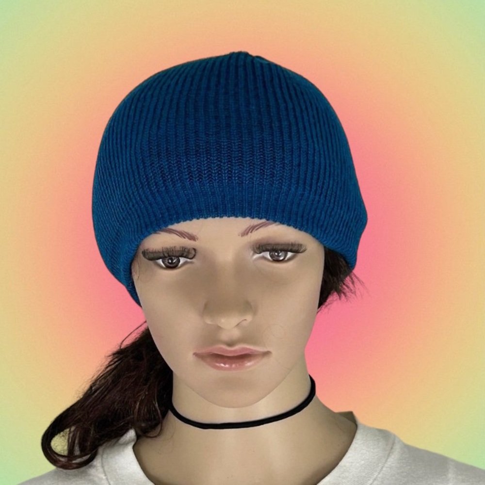 Vintage 90s Teal Ribbed Knit Stretch Thick Beret Beanie Hat Cap Unisex W…